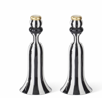 ROYAL COURT - 10" Black & White Striped Ceramic Taper Candleholders - SET OF 2