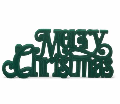 ROYAL COURT - 11.5" Green Velvet Resin Merry Christmas Cutout Tabletop