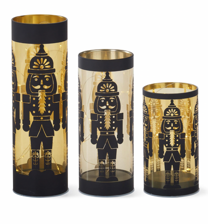 ROYAL COURT -  Black Glass LED Nutcracker Cylinder Lanterns w/Timer - SET OF 3