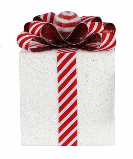Candy Cane Lane - 6.75"H TABLE TOP WRAPPED PRESENT WHITE/RED