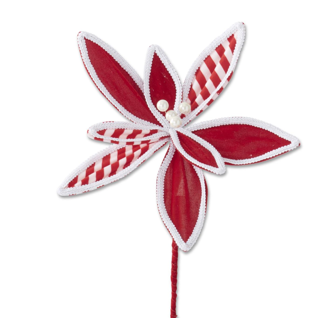 17" Red Velvet Poinsettia Pick With Red & White Striped Leaves
