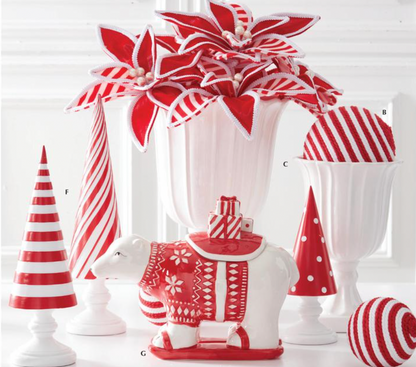 17" Red Velvet Poinsettia Pick With Red & White Striped Leaves