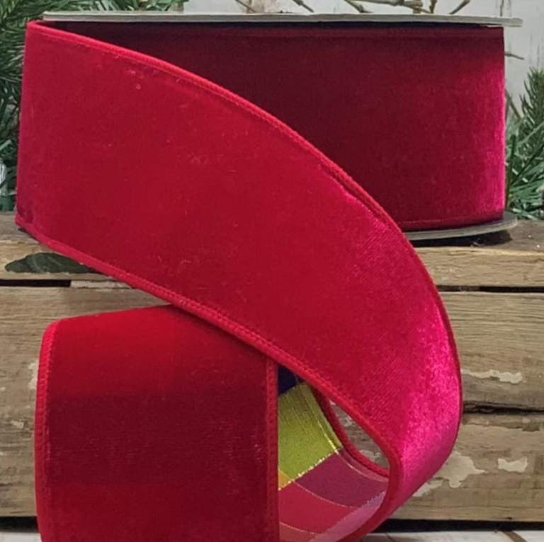 2.5" x 10yds velvet colorful check back, hot pink