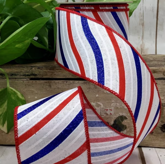 2.5" x 10yds linen patriotic glitter wave, white