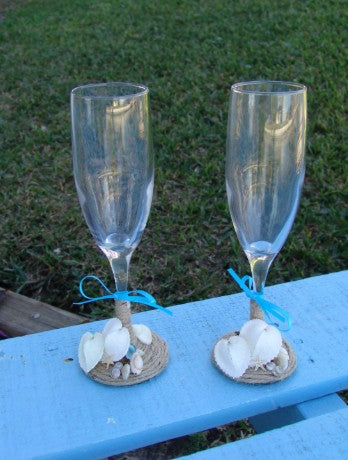 Beach Wedding Toasting Champagne Glasses Keepsake Flutes Rustic Twine and Real Heart Seashells Mini Sand Dollars Starfish Aqua Limpet Shells