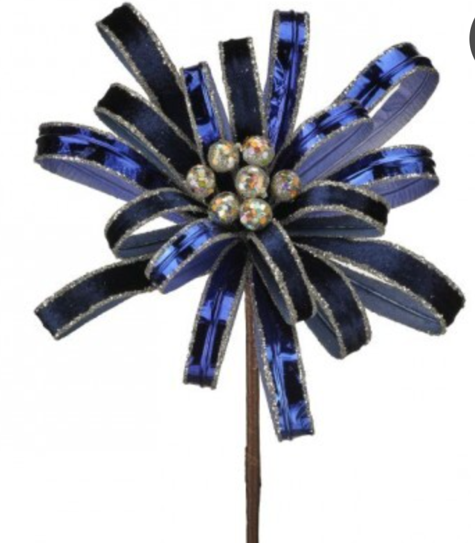 18" GLITTER PETAL LEAF BLOSSOM STEM DARK BLUE CHAMPAGNE