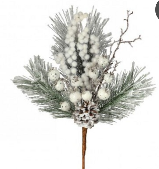15" SNOWY PINE W/BRY/CONE PICK WHITE SNOW
