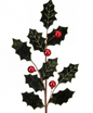 27" VELVET HOLLY LEAF SPRAY W/BALL DARK GREEN RED