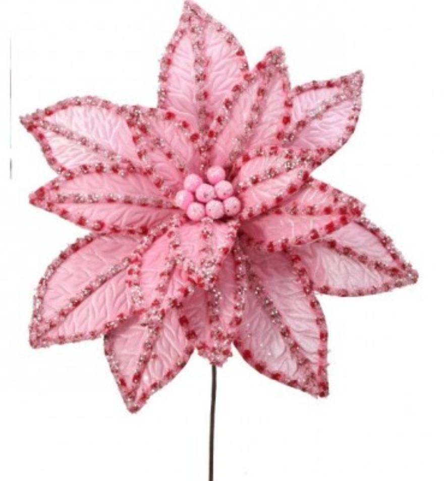 30" GIANT CANDY SNOW GLITTER POINSETTA STEM PINK/RED