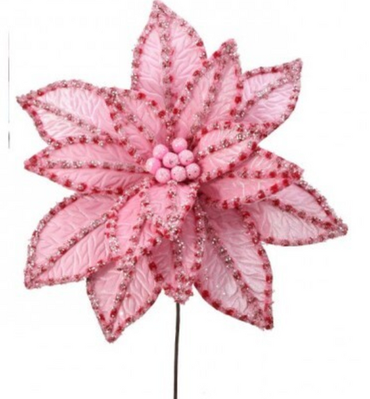 30" GIANT CANDY SNOW GLITTER POINSETTA STEM PINK/RED
