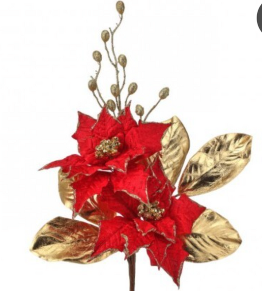 23" POINSETTIA/BERRY/ GOLD GILDED LEAF PICK red