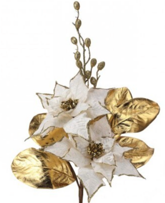 23" POINSETTIA/BERRY/ GOLD GILDED LEAF PICK ivory