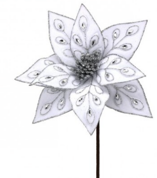 22" BEJEWELED POINSETTIA STEM WHITE
