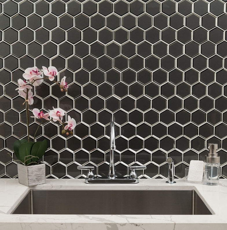 Metallic Gray Beveled 3” Hexagon Mosaic Tile