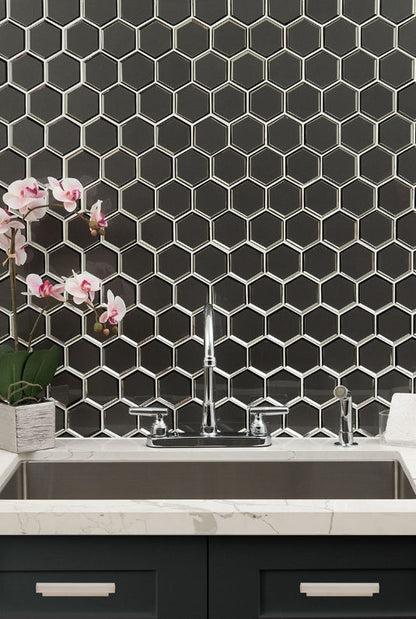 Metallic Gray Beveled 3” Hexagon Mosaic Tile