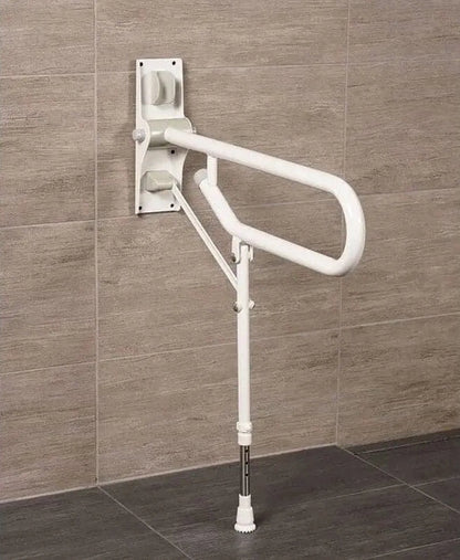 White fold-up grab bar with support leg.