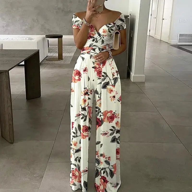 Fashion Printed Off-shoulder Jumpsuit for Women - Casual High-waist Sleeveless One-shoulder Jumpsuit