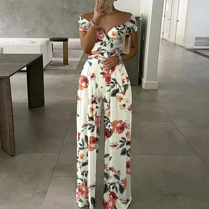 Fashion Printed Off-shoulder Jumpsuit for Women - Casual High-waist Sleeveless One-shoulder Jumpsuit