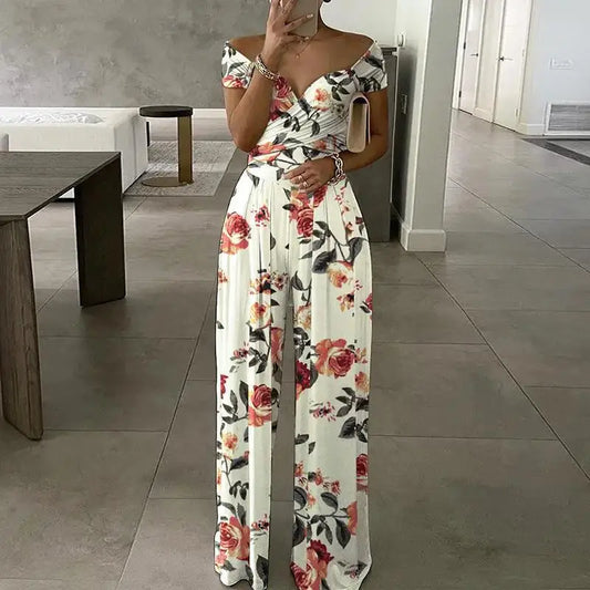 Fashion Printed Off-shoulder Jumpsuit for Women - Casual High-waist Sleeveless One-shoulder Jumpsuit