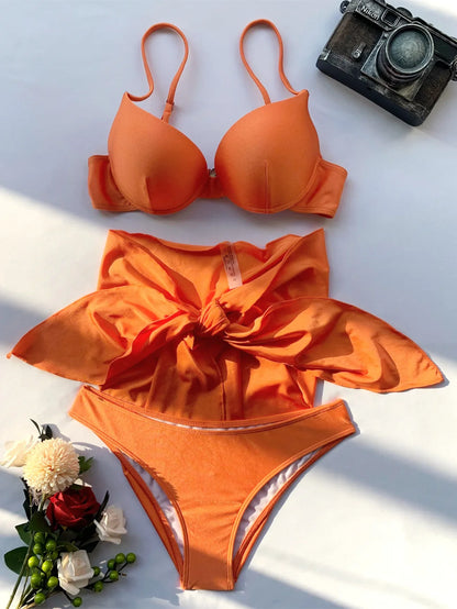 Women solid push up underwire three piece set
