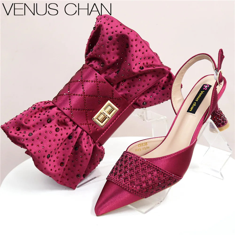 Latest Women Italian Shoes and Matching Bags Decorated with Rhinestone