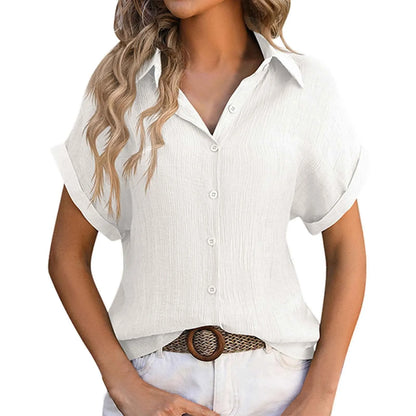 Summer Solid Color Shirts Women Cotton Linen Rolled Up Short Sleeve Slim Fit Tops Mujer Beach Style Leisure Buttons Up Blouse