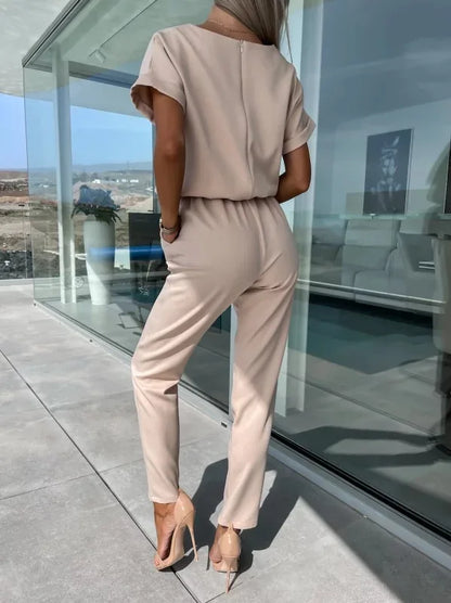 Women's Summer Jumpsuit Solid Color Short Sleeve V-neck Pocket Lace-up Pencil Long Pants
