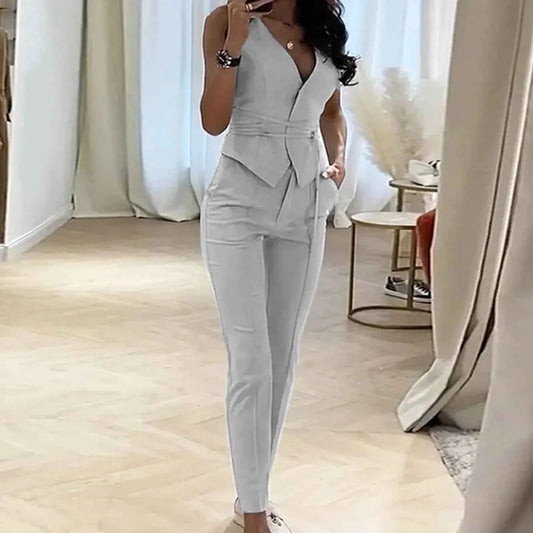 Elegant Pantsuit Set 2 Piece Solid V-Collar Top and Trousers for Women's Fashion Streetwear Summer Outfit