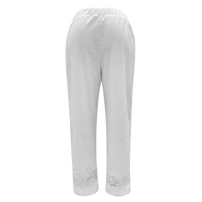 Cropped Loose Pants Women - Streetwear Cotton Lace Casual Pants Elastic Waist Trousers
