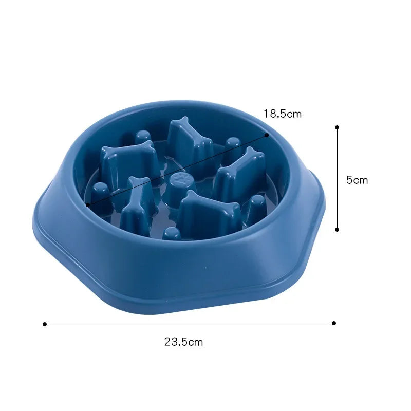 Blue slow feeder bowl with measurements on a white background