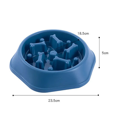 Blue slow feeder bowl with measurements on a white background