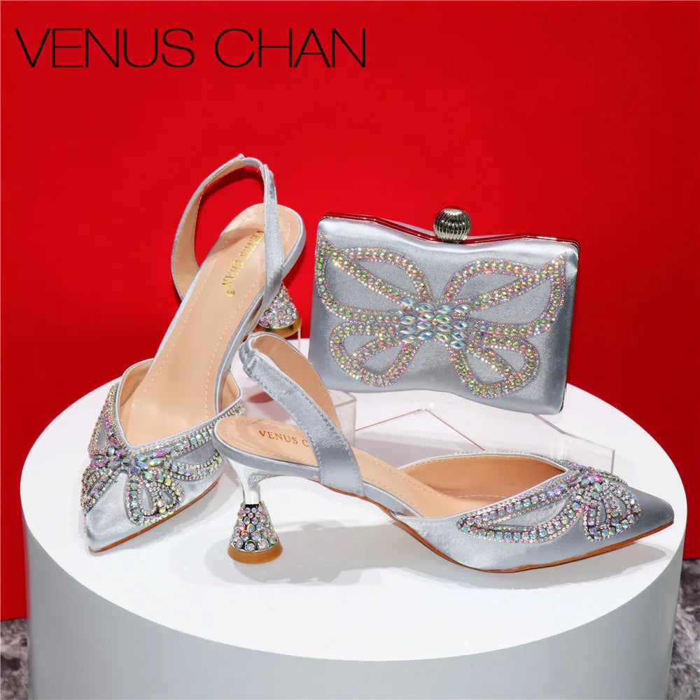 Elegant Rhinestone Pointed-Toe Pumps With Matching Bag Set
