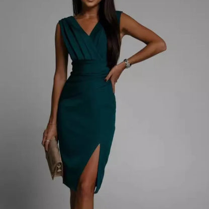 Women Mini Dress Summer Fashion Elegant Sleeveless V Neck High Waist Bodycon Casual Office Party Side Split