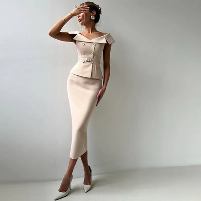 Elegant Midi Skirt Suit Women Double-Breasted Slim Top Belt Hip Package Skirt 2 Piece Outfits