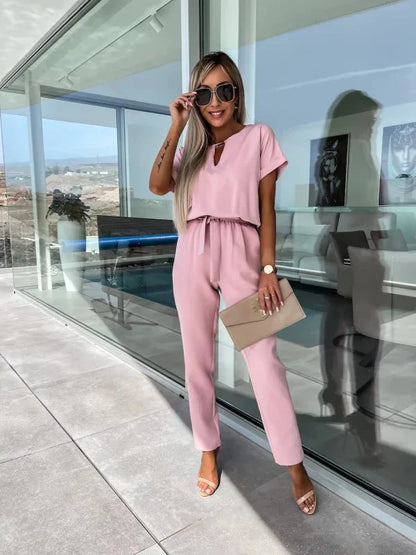 Women's Summer Jumpsuit Solid Color Short Sleeve V-neck Pocket Lace-up Pencil Long Pants