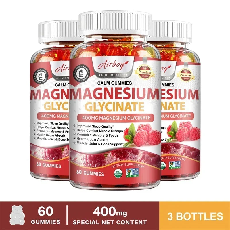 Magnesium Glycinate Gummies - Calm, Relieves Stress, Promotes Sleep, Support Memory, Concentration & Muscle Spasms
