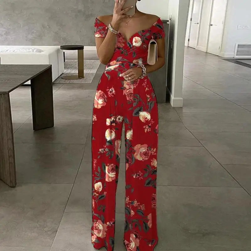 Fashion Printed Off-shoulder Jumpsuit for Women - Casual High-waist Sleeveless One-shoulder Jumpsuit