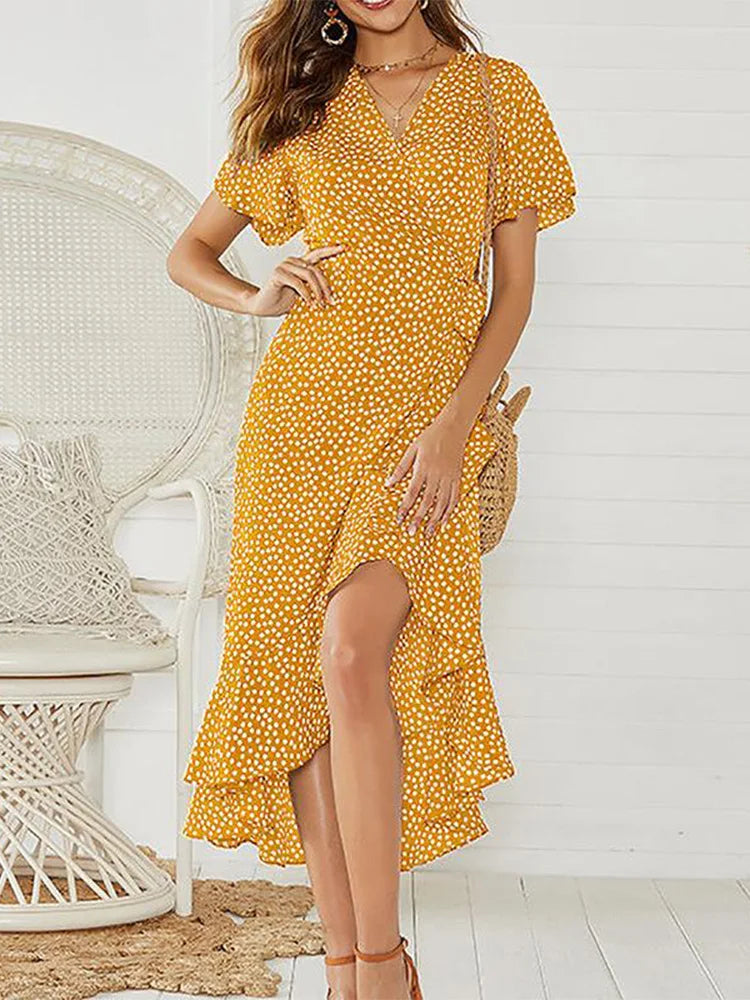 Summer Beach Maxi Dress Women Floral Print Boho Long Chiffon Ruffles Wrap Casual V-Neck Split Sexy Party Robe Femme