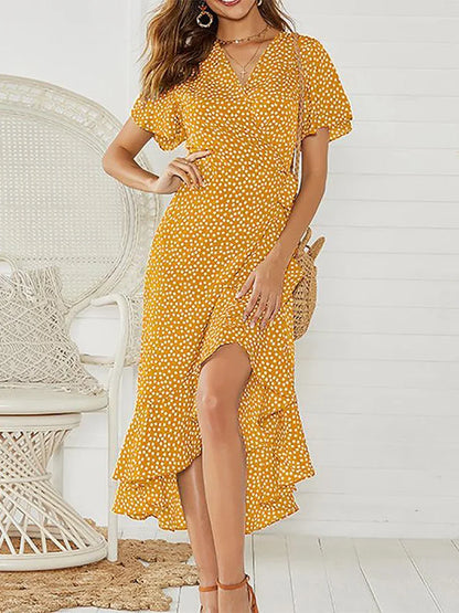 Summer Beach Maxi Dress Women Floral Print Boho Long Chiffon Ruffles Wrap Casual V-Neck Split Sexy Party Robe Femme