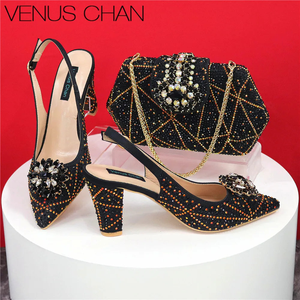 Italian Shoe and Bag Set With Decorated with Rhinestone