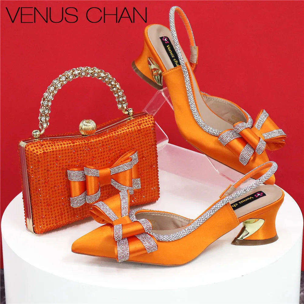 Med Heel Shoes for Women Italian Design Shoes and Bag Set