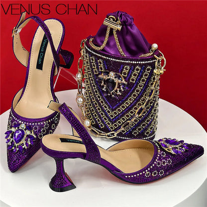 Women Shoes and Bag Set With Rhinestone Handbag