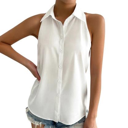 Women's Sleeveless Blouse Button Down Solid Color Casual Loose V Neck Chiffon Top for Work