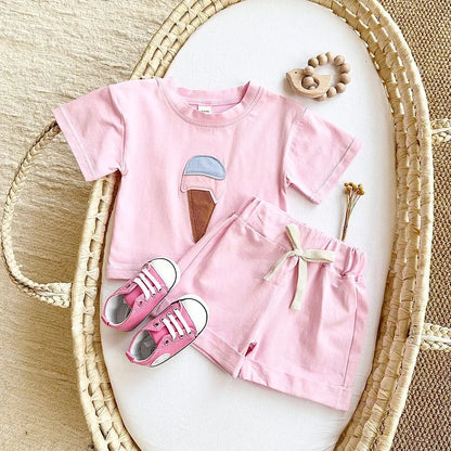 Baby Outfit Set for Newborns -Summer Ice Cream Print round Baby Outfit SeNeck T-shirt Sports Shorts 2PCS  Combo Unisex 0-3 Years