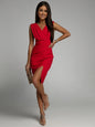 Women Mini Dress Summer Fashion Elegant Sleeveless V Neck High Waist Bodycon Casual Office Party Side Split