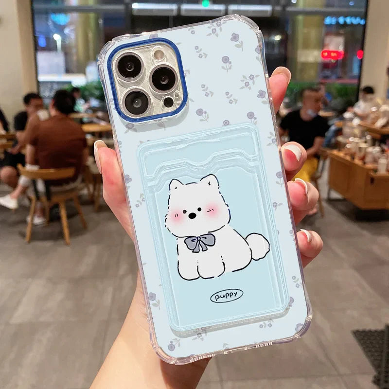 Card Slot Bag Holder Cute Dog Cartoon Puppy Clear Phone Case