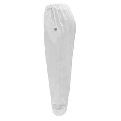 Cropped Loose Pants Women - Streetwear Cotton Lace Casual Pants Elastic Waist Trousers