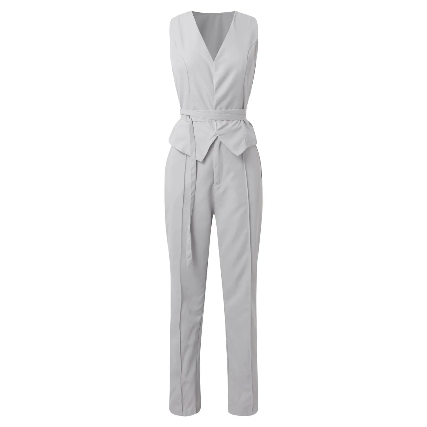 Elegant Pantsuit Set 2 Piece Solid V-Collar Top and Trousers for Women's Fashion Streetwear Summer Outfit