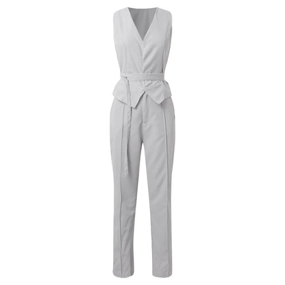 Elegant Pantsuit Set 2 Piece Solid V-Collar Top and Trousers for Women's Fashion Streetwear Summer Outfit