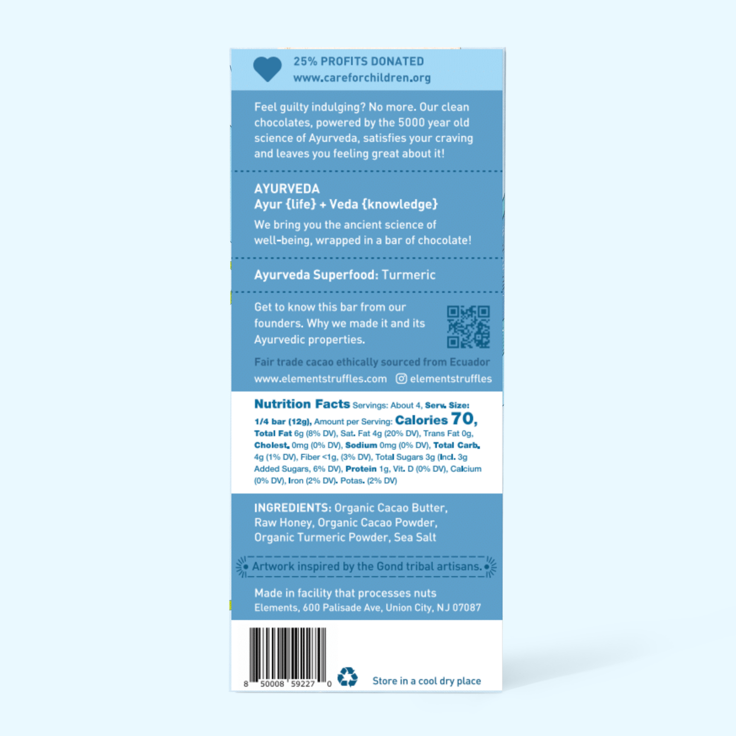 Back of a chocolate bar packaging with blue label and text